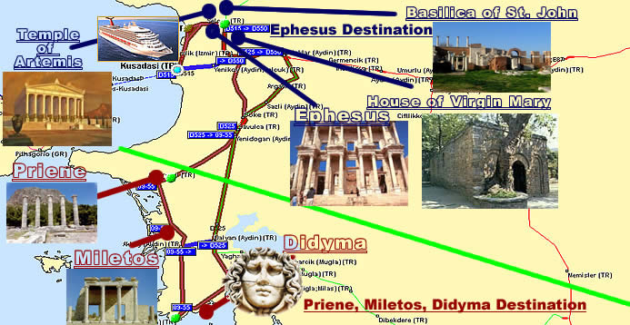 Ephesus Destination and Priene Miletos Didyma Destination Map